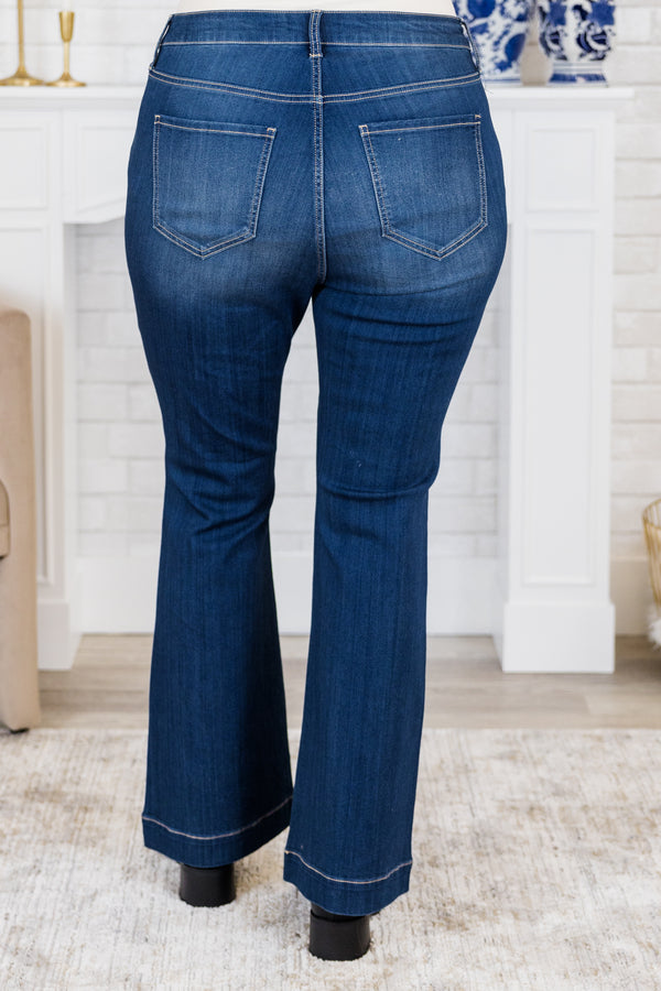Chic Soul plus size clothing, mid-waisted dark wash denim cropped flare jeans with silver button detailing