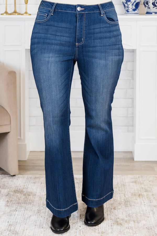 Chic Soul plus size clothing, mid-waisted dark wash denim cropped flare jeans with silver button detailing