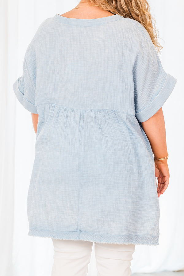 Chic Soul plus size clothing, blue linen short sleeve tunic with distressed hem with v neckline
