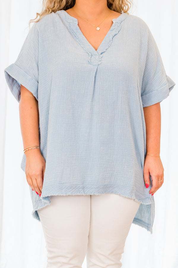 Chic Soul plus size clothing, blue linen short sleeve tunic with distressed hem with v neckline