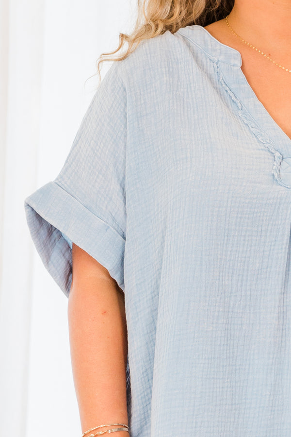 Chic Soul plus size clothing, blue linen short sleeve tunic with distressed hem with v neckline