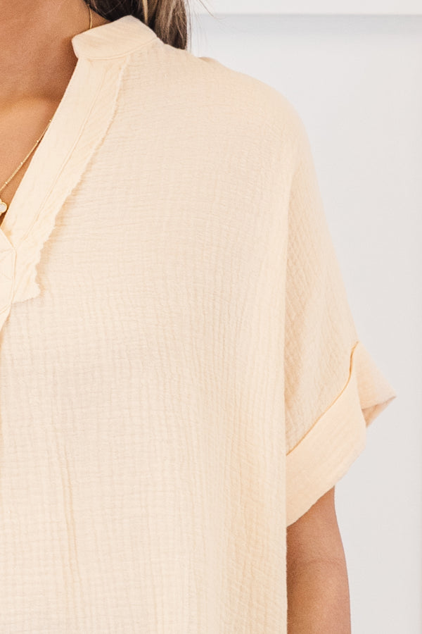 Chic Soul plus size clothing, natural beige short sleeve guaze-y top
