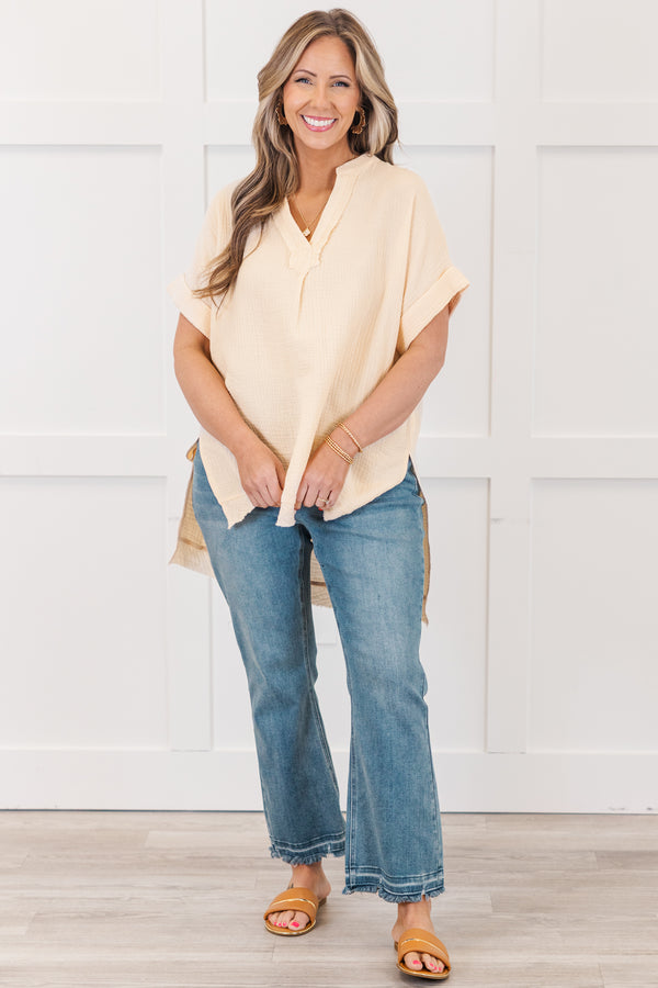 Chic Soul plus size clothing, natural beige short sleeve guaze-y top