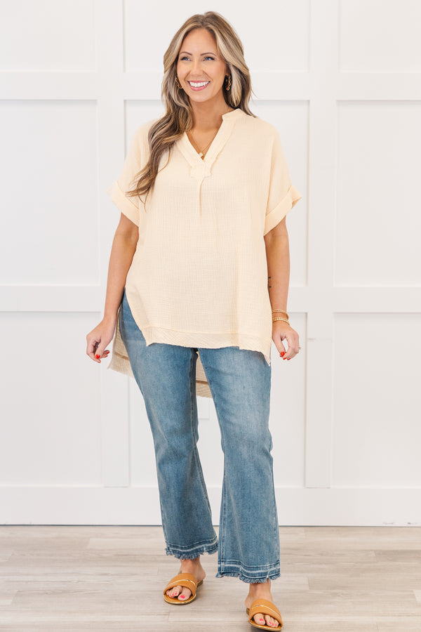 Chic Soul plus size clothing, natural beige short sleeve guaze-y top