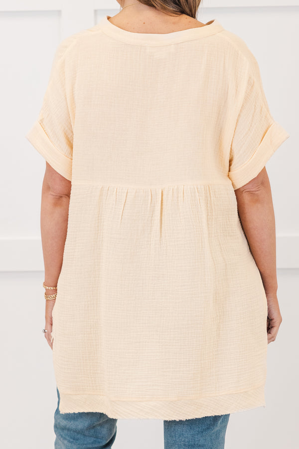 Chic Soul plus size clothing, natural beige short sleeve guaze-y top
