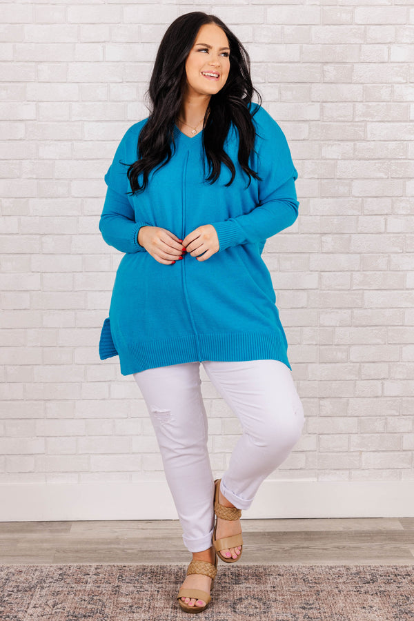 Chic Soul plus size clothing, urban blue knit sweater with split sides and vneck