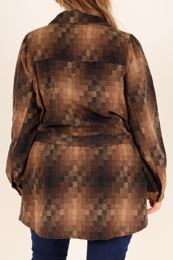 Chic Soul plus size clothing, brown square pattern oversized buttoned top with front pockets and a waist tie