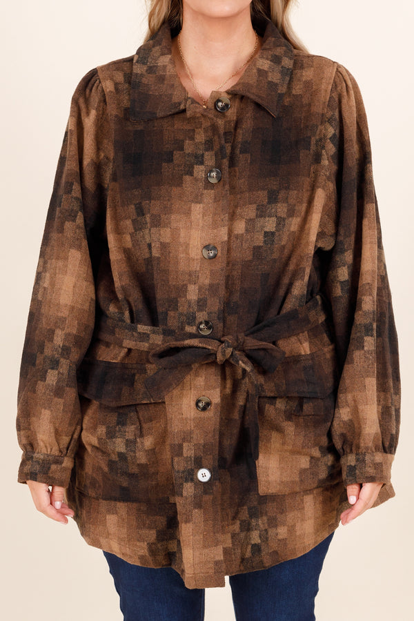 Chic Soul plus size clothing, brown square pattern oversized buttoned top with front pockets and a waist tie