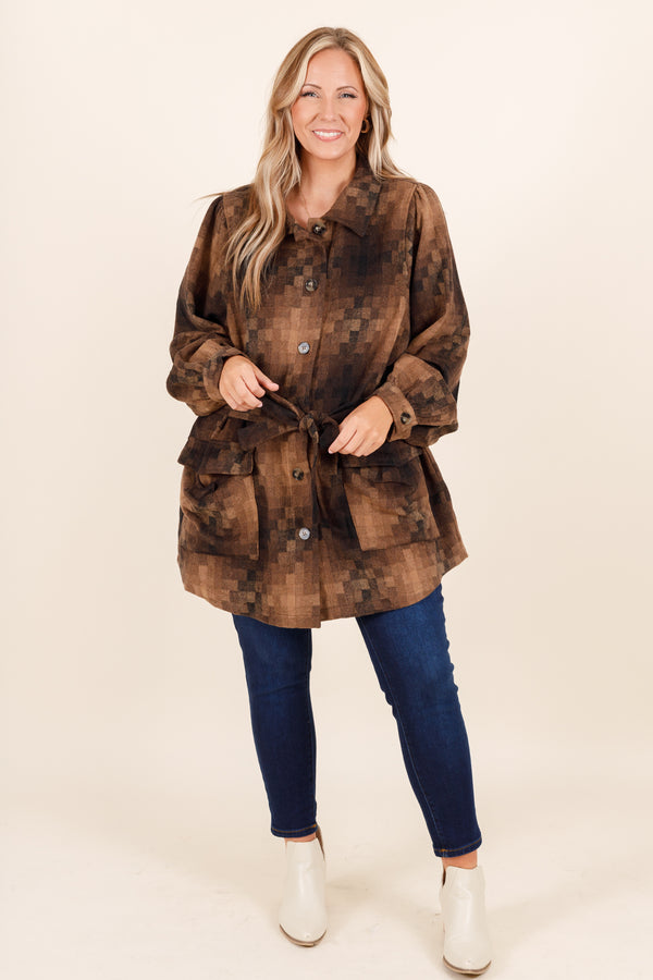 Chic Soul plus size clothing, brown square pattern oversized buttoned top with front pockets and a waist tie