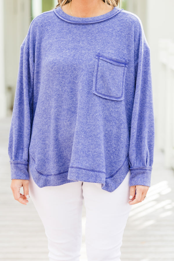 Chic Soul plus size clothing, marlin purple long-sleeve round neckline top with distressed stitching and a pocket on the bodice
