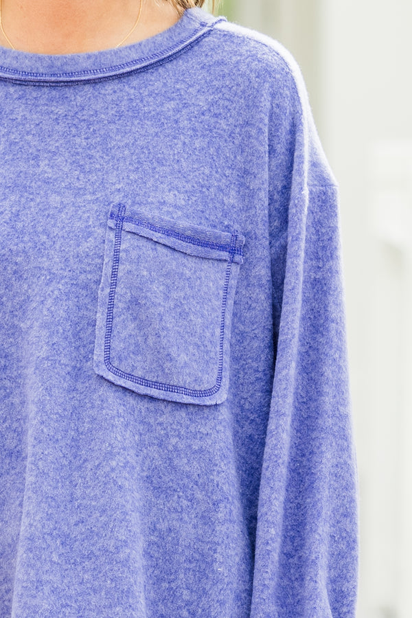 Chic Soul plus size clothing, marlin purple long-sleeve round neckline top with distressed stitching and a pocket on the bodice