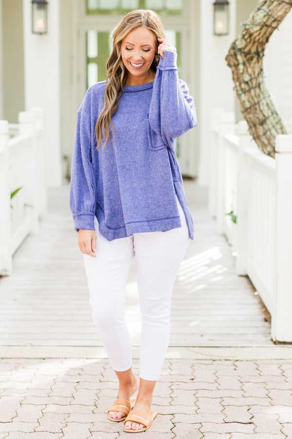 Chic Soul plus size clothing, marlin purple long-sleeve round neckline top with distressed stitching and a pocket on the bodice