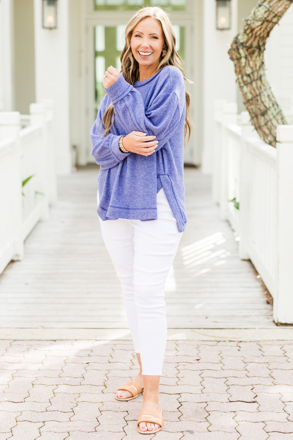 Chic Soul plus size clothing, marlin purple long-sleeve round neckline top with distressed stitching and a pocket on the bodice