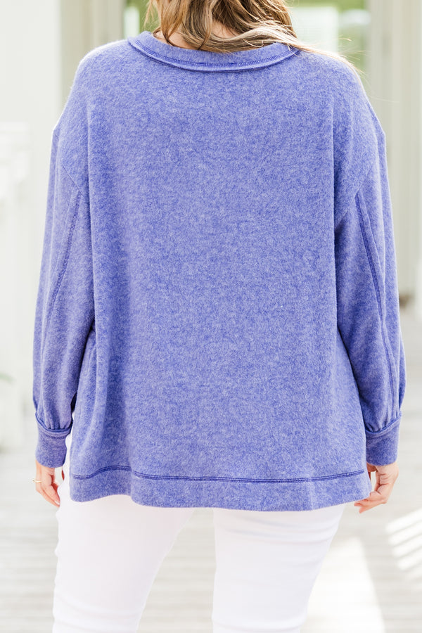 Chic Soul plus size clothing, marlin purple long-sleeve round neckline top with distressed stitching and a pocket on the bodice