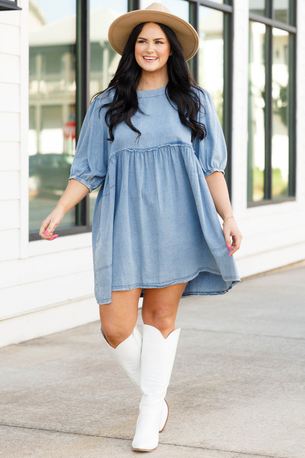 Chic Soul plus size clothing, light colored denim dress with bubble sleeves