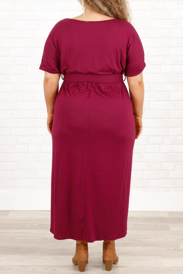 Chic Soul plus size clothing, dark plum midi dress with a tie at the waist and crisscross hemlines