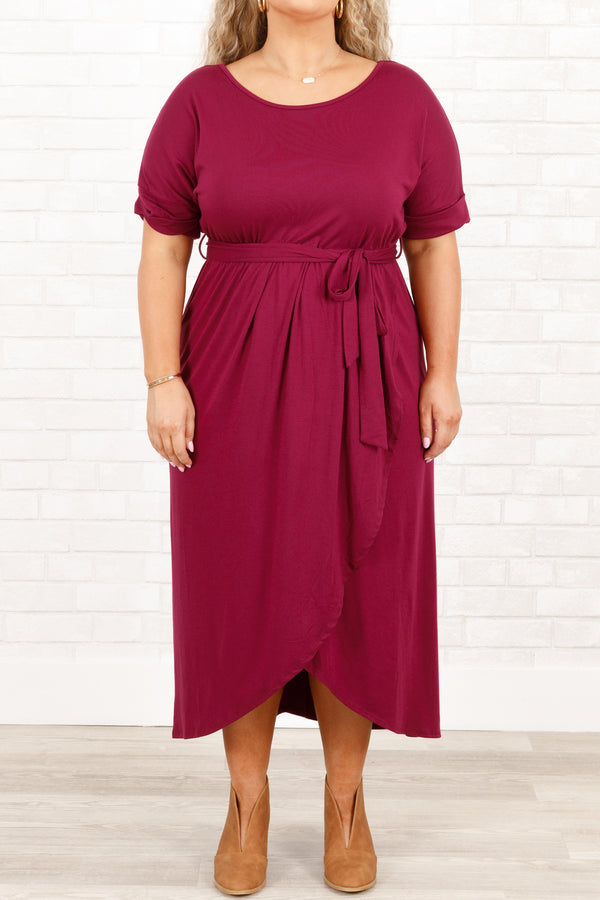 Chic Soul plus size clothing, dark plum midi dress with a tie at the waist and crisscross hemlines