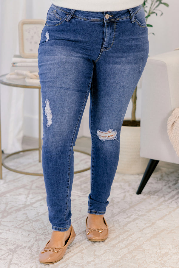 Chic Soul plus size clothing, mid rise blue skinny jeans with distressing at the knees and upper right pocket
