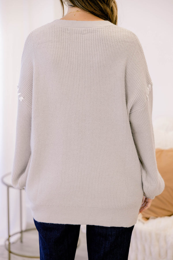 Chic Soul plus size clothing, light grey long sleeve button up cardigan with white lace threaded through the fabric