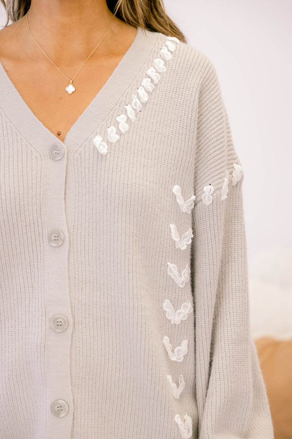 Chic Soul plus size clothing, light grey long sleeve button up cardigan with white lace threaded through the fabric