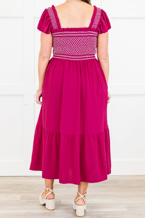 Chic Soul plus size clothing, wild berry short sleeve midi dress with smocked white stitching top with square neckline and ruffle sleeves with pockets