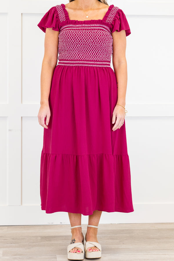 Chic Soul plus size clothing, wild berry short sleeve midi dress with smocked white stitching top with square neckline and ruffle sleeves with pockets