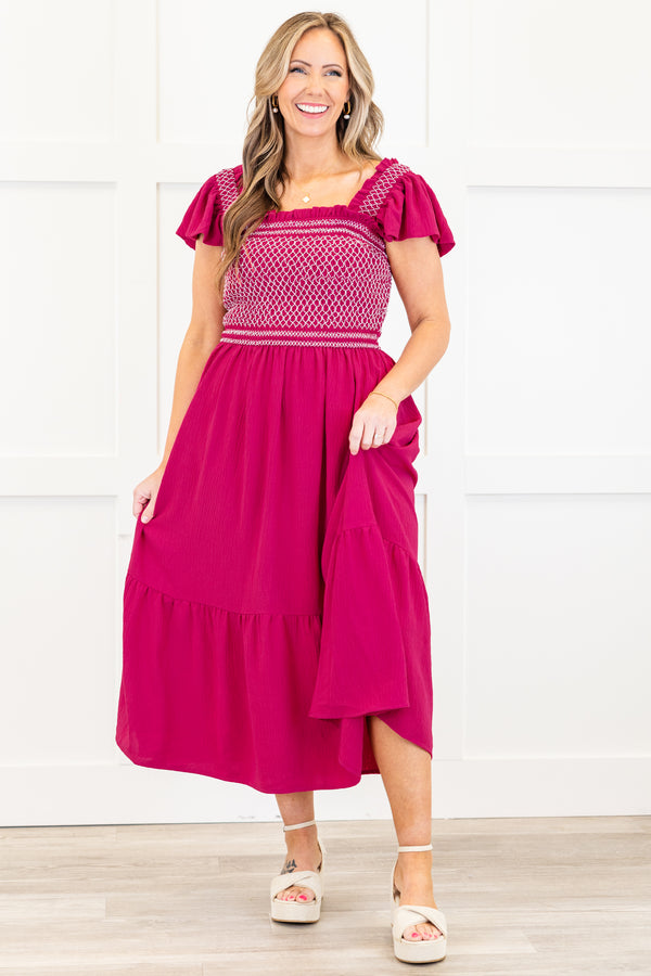 Chic Soul plus size clothing, wild berry short sleeve midi dress with smocked white stitching top with square neckline and ruffle sleeves with pockets