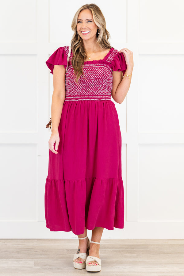 Chic Soul plus size clothing, wild berry short sleeve midi dress with smocked white stitching top with square neckline and ruffle sleeves with pockets