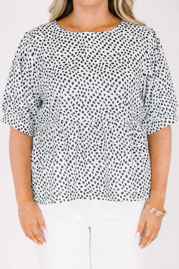 Chic Soul plus size clothing, short sleeve white top with black spotted pattern