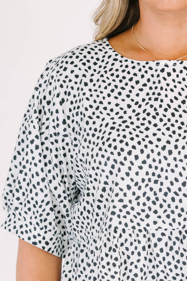 Chic Soul plus size clothing, short sleeve white top with black spotted pattern