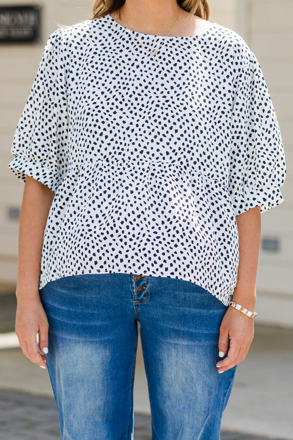Chic Soul plus size clothing, short sleeve white top with black spotted pattern