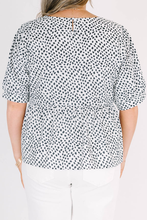 Chic Soul plus size clothing, short sleeve white top with black spotted pattern
