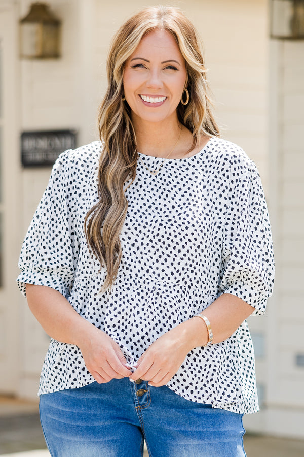 Chic Soul plus size clothing, short sleeve white top with black spotted pattern