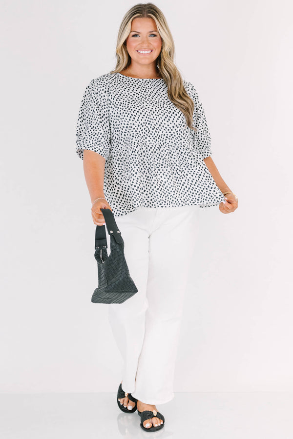 Chic Soul plus size clothing, short sleeve white top with black spotted pattern