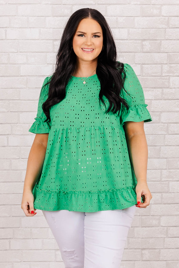 Chic Soul plus size clothing, kelly green eyelet short sleeve top with ruffle on sleeve and bottom of top
