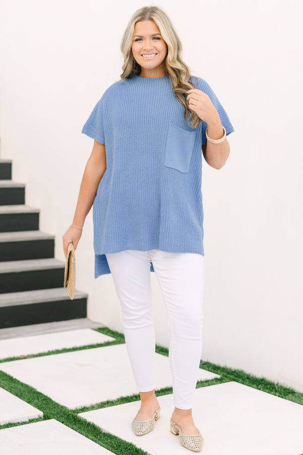 Chic Soul plus size clothing, light blue short sleeve knit sweater top with front chest pocket