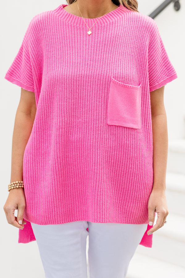 Chic Soul plus size clothing, short-sleeve knit bubblegum pink top with a high-scoop-neckline with a pocket on the bodice and a high-low-hemline 