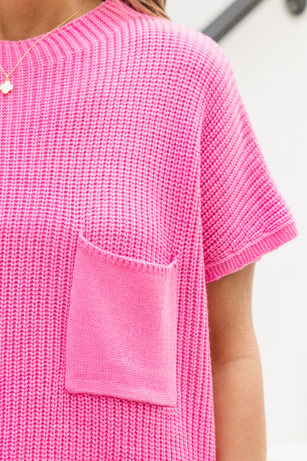 Chic Soul plus size clothing, short-sleeve knit bubblegum pink top with a high-scoop-neckline with a pocket on the bodice and a high-low-hemline 