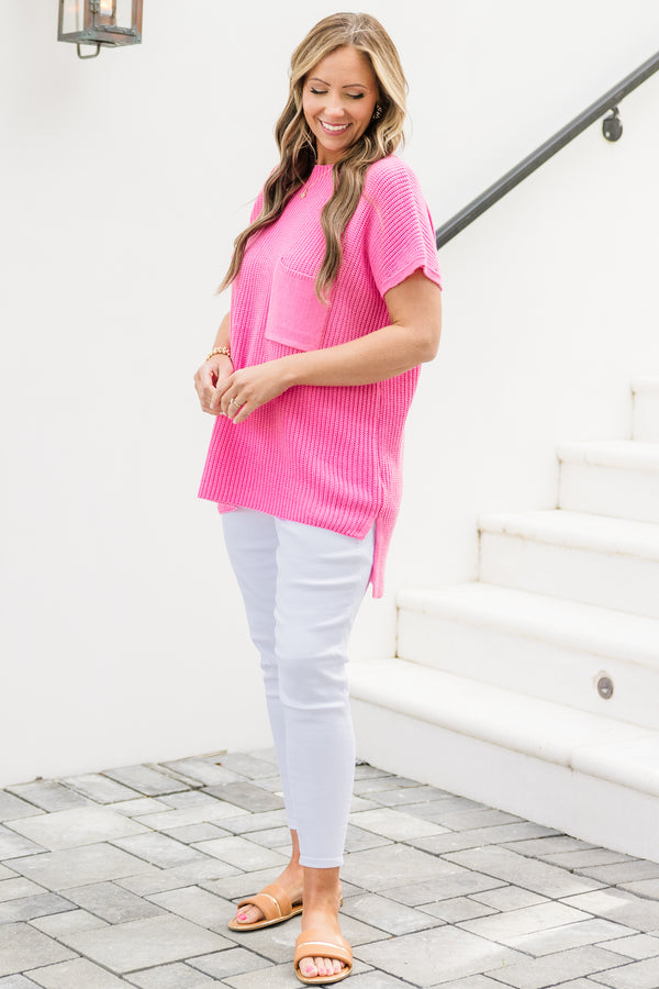 Chic Soul plus size clothing, short-sleeve knit bubblegum pink top with a high-scoop-neckline with a pocket on the bodice and a high-low-hemline 