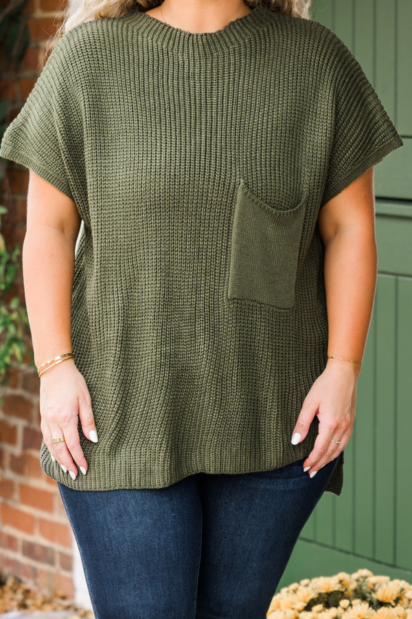 Chic Soul plus size clothing, olive green solid short sleeve top with pocket