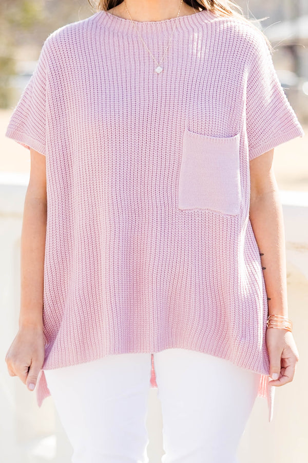 Chic Soul plus size clothing, pink short sleeve knit sweater top with chest pocket