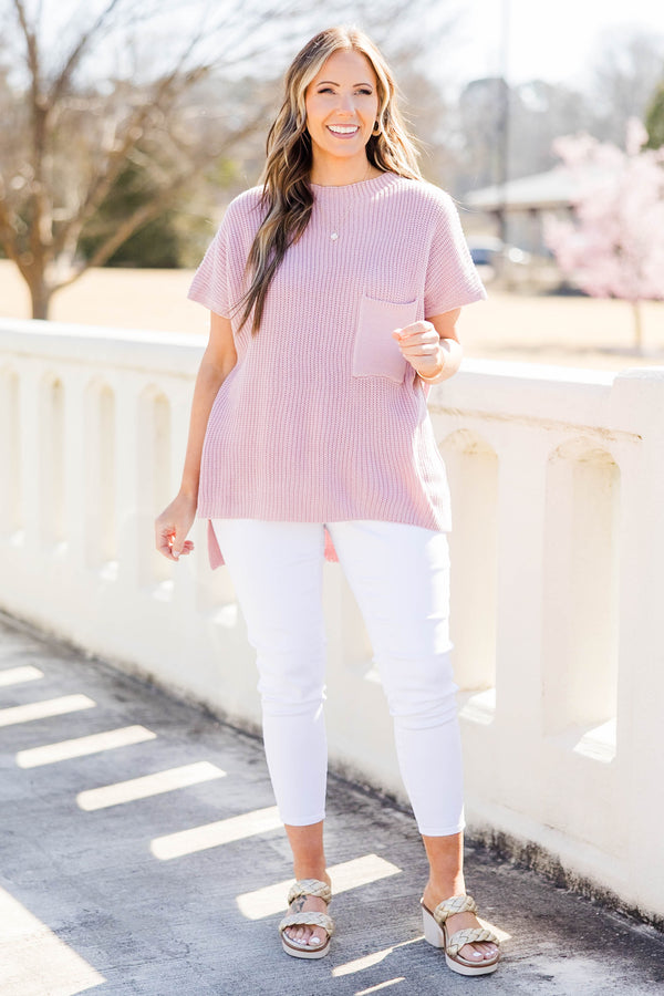 Chic Soul plus size clothing, pink short sleeve knit sweater top with chest pocket
