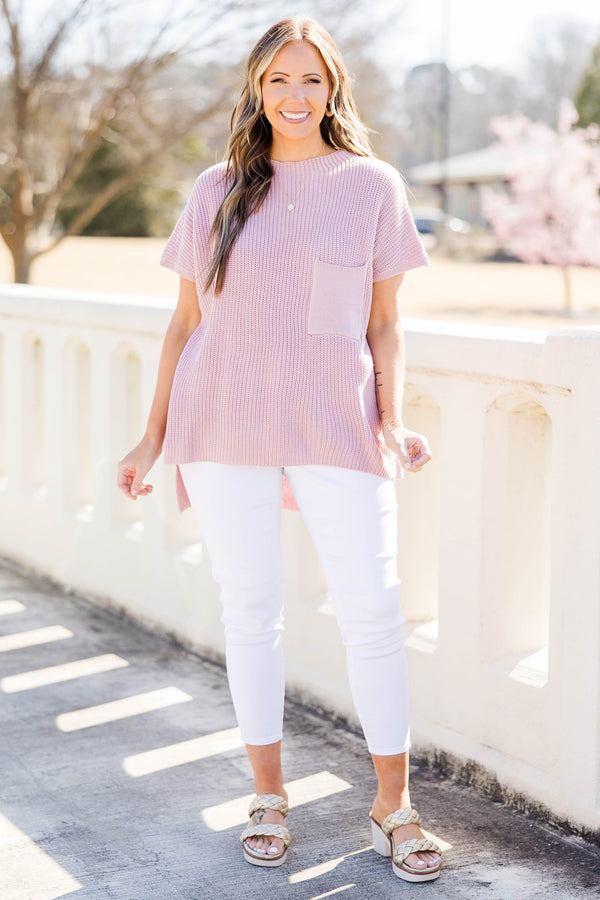 Chic Soul plus size clothing, pink short sleeve knit sweater top with chest pocket