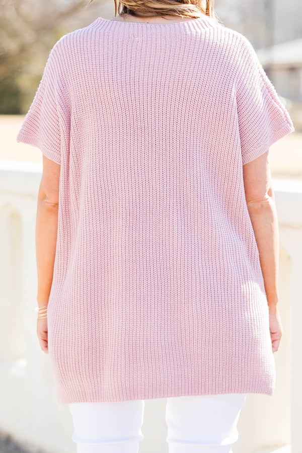 Chic Soul plus size clothing, pink short sleeve knit sweater top with chest pocket