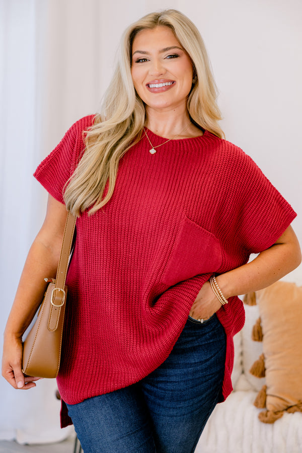 Chic Soul plus size clothing, red short sleeve sweater with a front pocket of the left side of the chest 