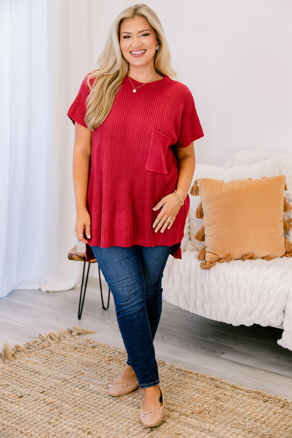 Chic Soul plus size clothing, red short sleeve sweater with a front pocket of the left side of the chest 