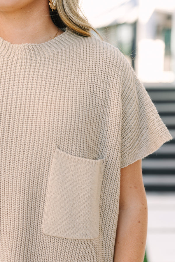 Chic Soul plus size clothing, light tan short sleeve knit sweater with front chest pocket 