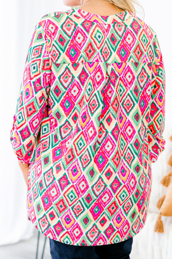 Chic Soul plus size clothing, pink multicolor top with half sleeves and a geometric pattern