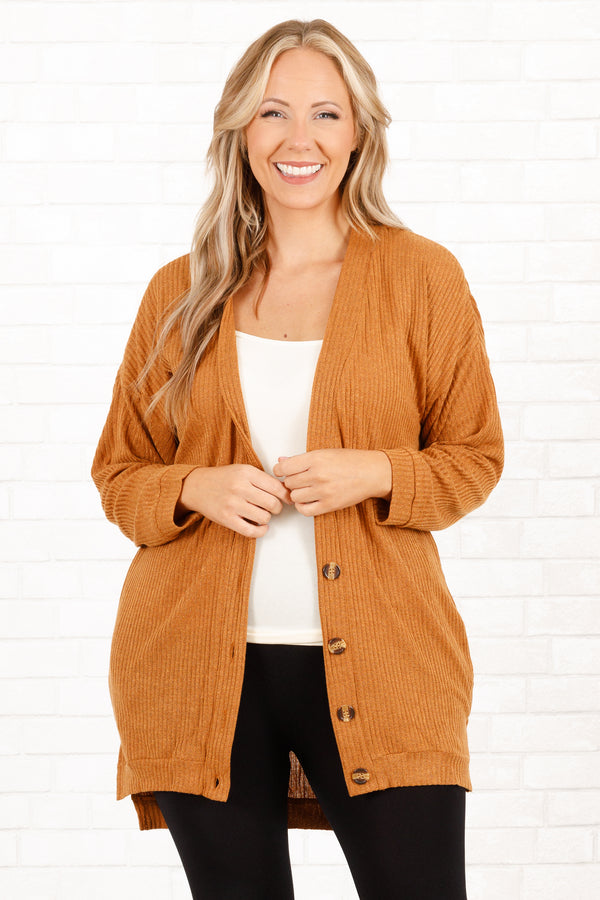 Chic Soul plus size clothing, rust colored cardigan with buttons