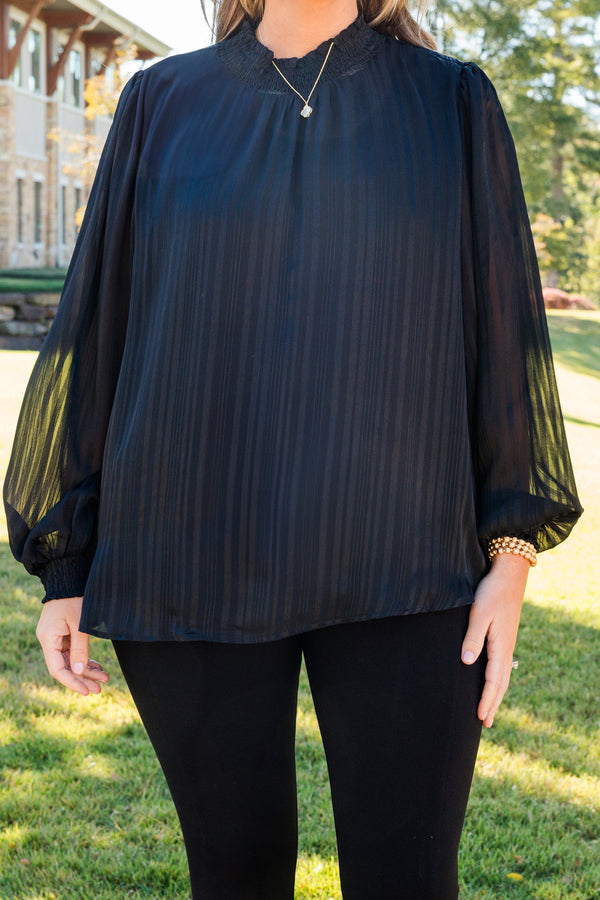 Chic Soul plus size clothing, black long sleeve ribbed pattern top with smocked mock neckline with smocked cuff sleeves with sheer detailing on bubble sleeves
